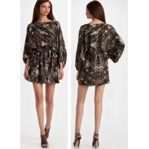 Parker Womens Silk Mini Dress Brown Black Abstract Snakeskin size Medium - Picture 2 of 14